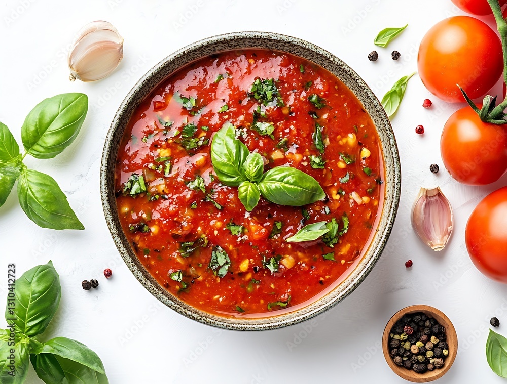 Aufkleber fresh homemade tomato sauce with vibrant basil garlic and spices in a rustic bowl : generative ai