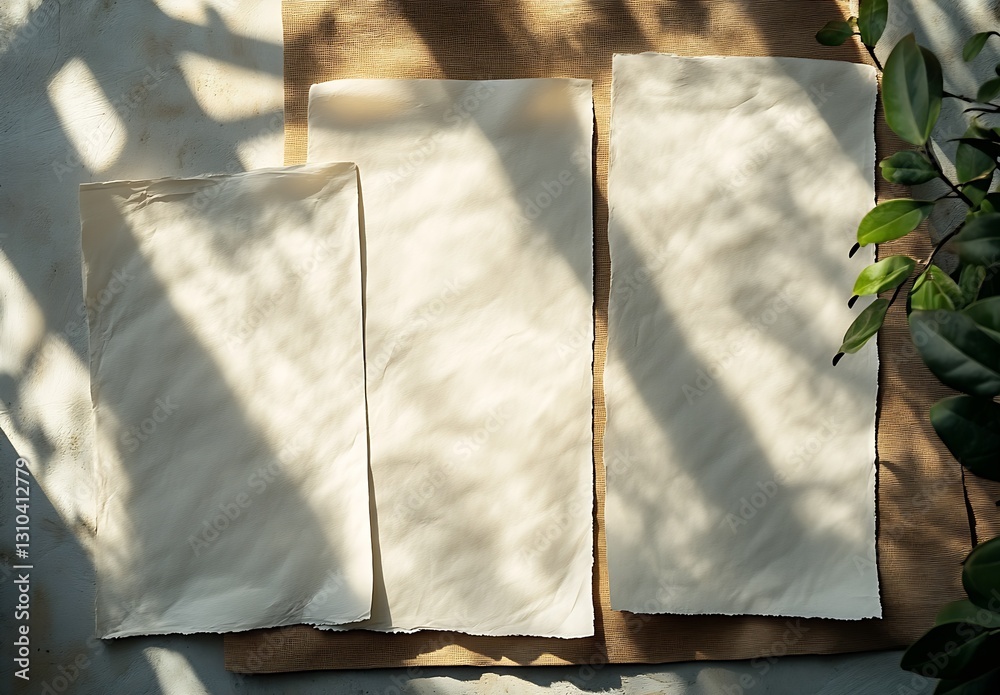 Poster Beautifully arranged blank sheets of textured paper casting soft shadows on a wooden surface : Generative AI