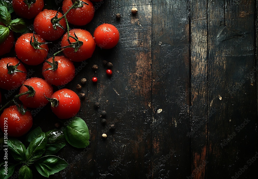 Poster fresh vine ripened tomatoes with basil and spices beautifully arranged on a wooden backdrop : genera