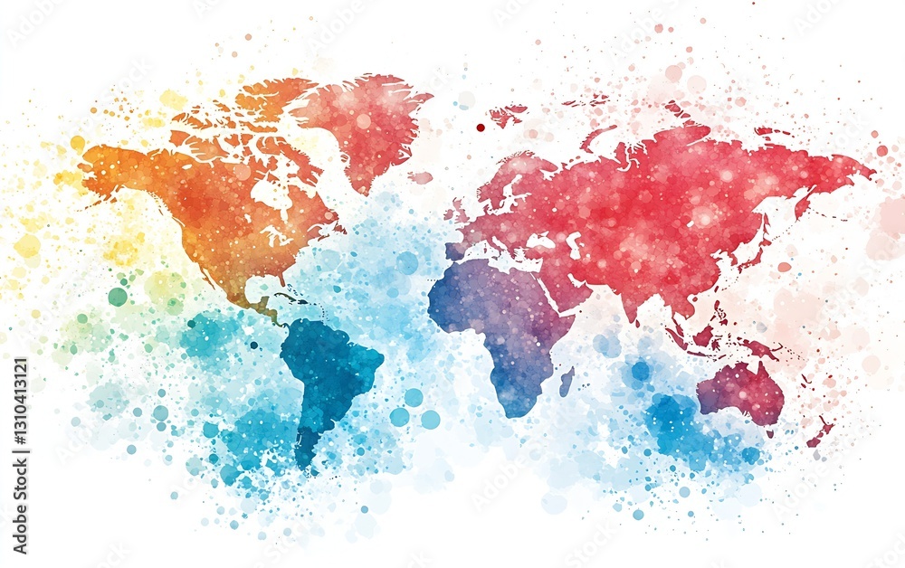 Poster colorful abstract watercolor world map featuring vibrant splashes and hues representing global diver