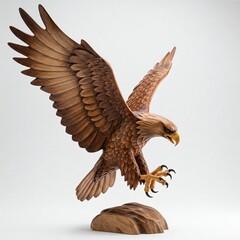 Obraz premium hand carved wooden eagle sculpture with detailed feathers in flight with a white background