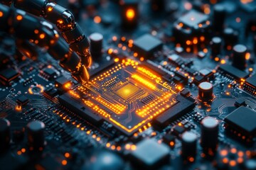 Obraz premium Futuristic Robot Arm Interacting with Digital Circuit Board and Microchip Components