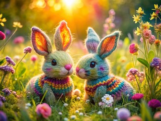 Double Exposure: Two Knitted Bunnies in a Spring Meadow