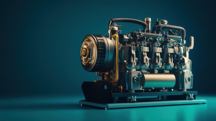 Fototapeta premium A heavy-duty diesel generator with metallic accents positioned on a deep blue surface.