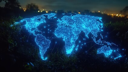 Obraz premium A Digital Representation of a Brightly Lit World Map with Connected Lines Illustrating Global Communication and Connectivity at Night