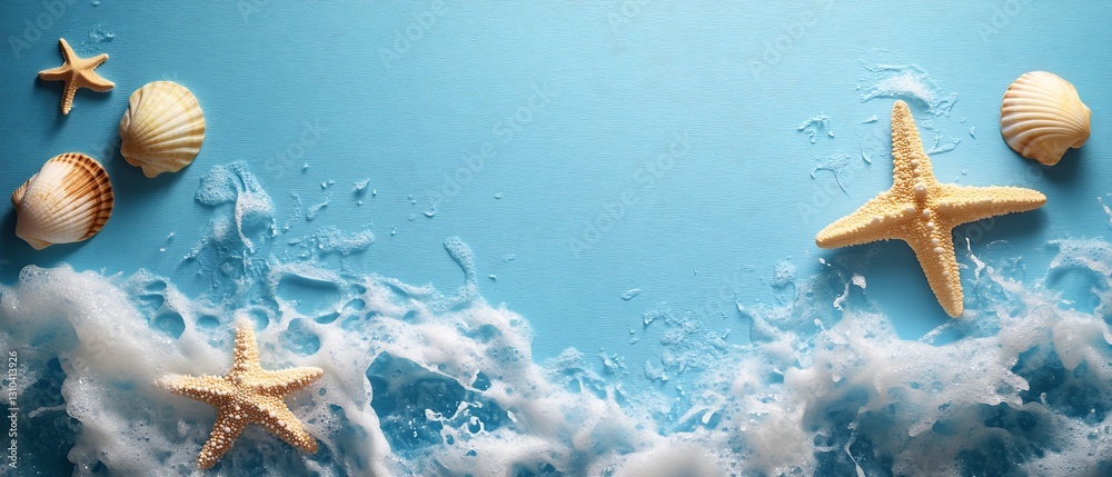 Poster Various seashells and a starfish on a coastal surface with gentle waves lapping at the shore line : Generative AI