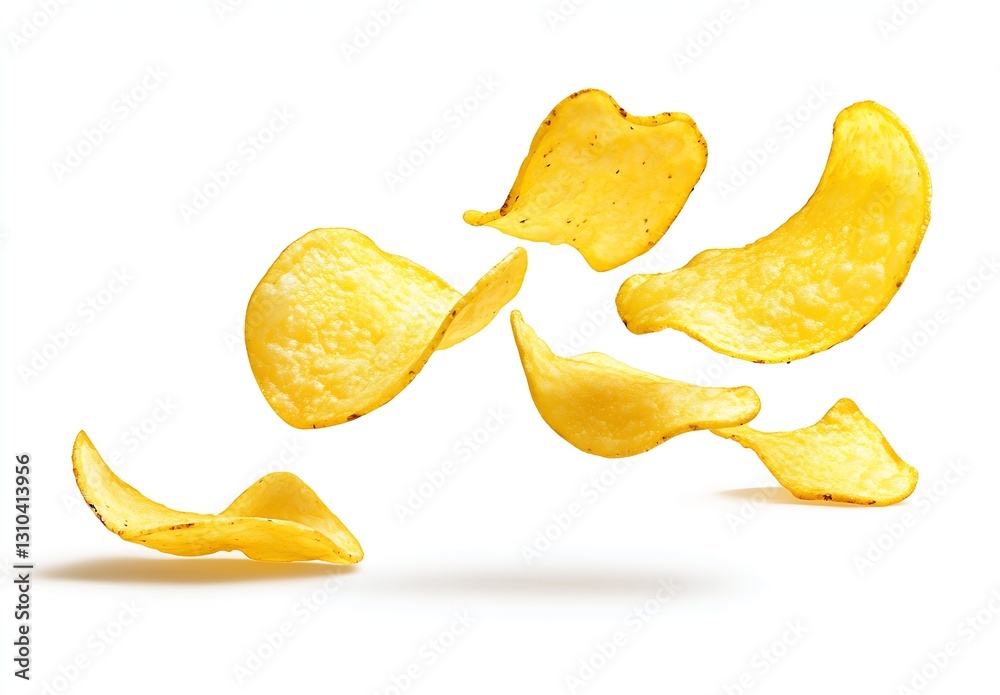 Poster savory potato chips elegantly floating against a clean white backdrop emphasizing their crisp textur