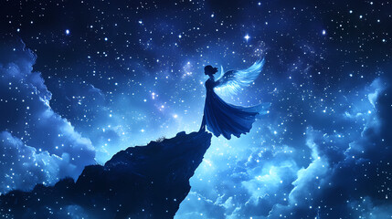 A peaceful night sky with stars shining brightly, creating a vast and breathtaking celestial scene that captures the essence of wonder and calm. Celestial - Angel. Illustration