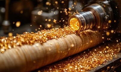 Gold Metal Shavings from Woodworking Lathe in Industrial Workshop Setting