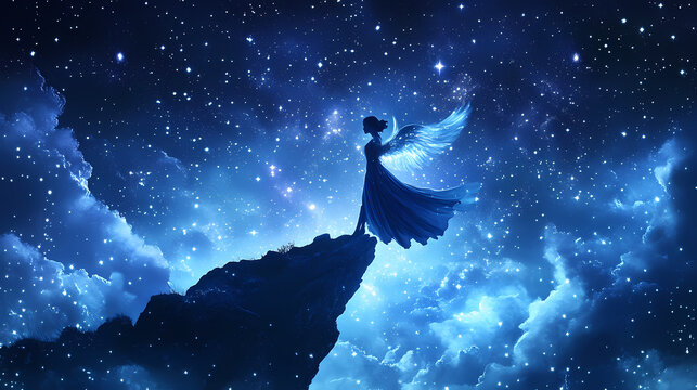 A peaceful night sky with stars shining brightly, creating a vast and breathtaking celestial scene that captures the essence of wonder and calm. Celestial - Angel. Illustration