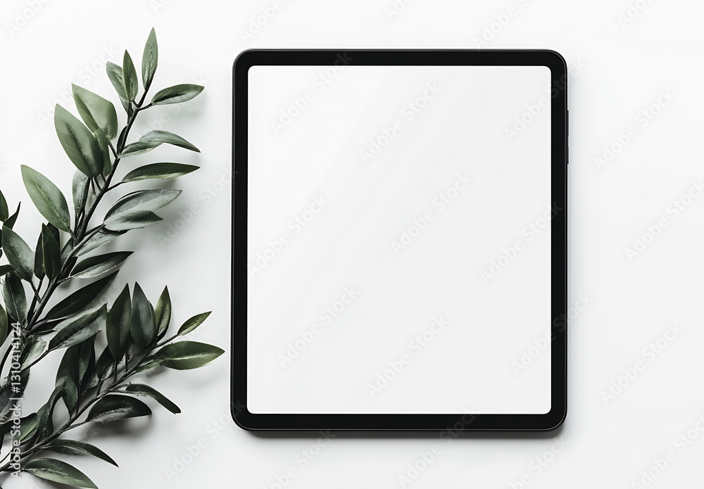 Poster Minimalist flat lay of a blank tablet with greenery creating a calm modern workspace atmosphere : Generative AI