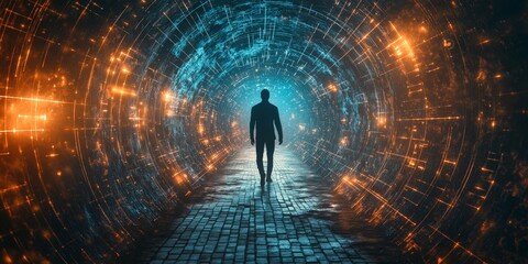 Man Walking Through a Time Portal with Glowing Clock