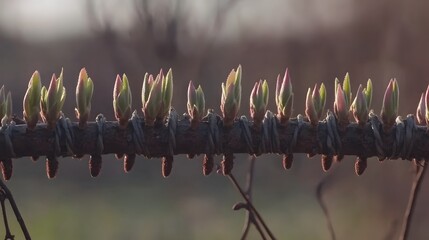 Stunning Spring Buds on Barbed Wire Branch
