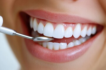 Fototapeta premium Close-Up of Perfect Smiling Teeth with Dental Tool for Cleaning