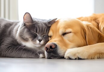 Sleepy grey cat cuddled up to a golden retriever in a serene indoor setting : Generative AI