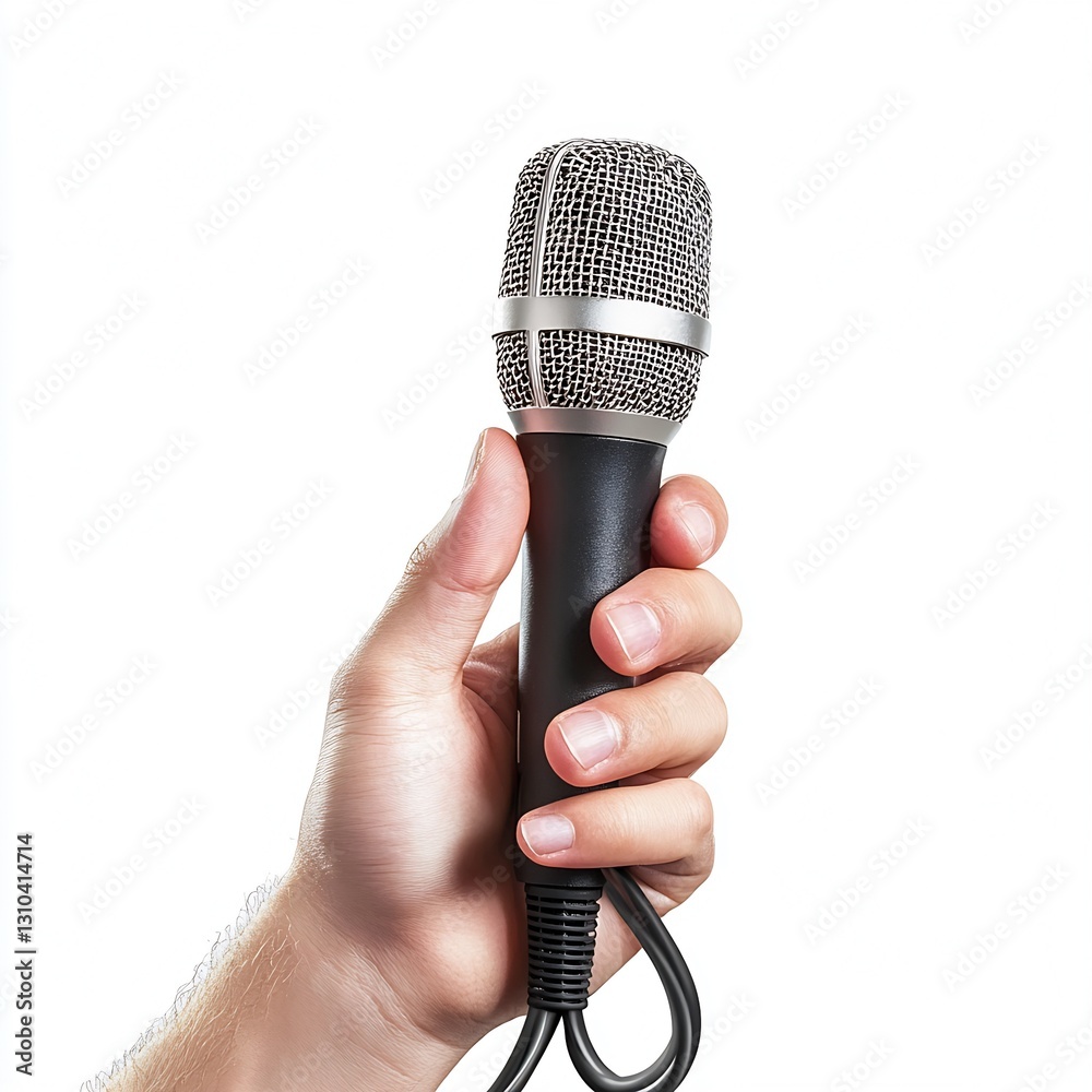 Poster close up of a hand holding a professional microphone against a plain white background : generative a