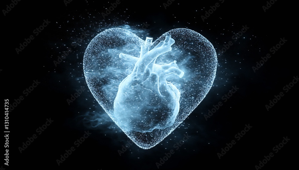 Poster illuminated heart symbolizing love created with water droplets in a dark background : generative ai