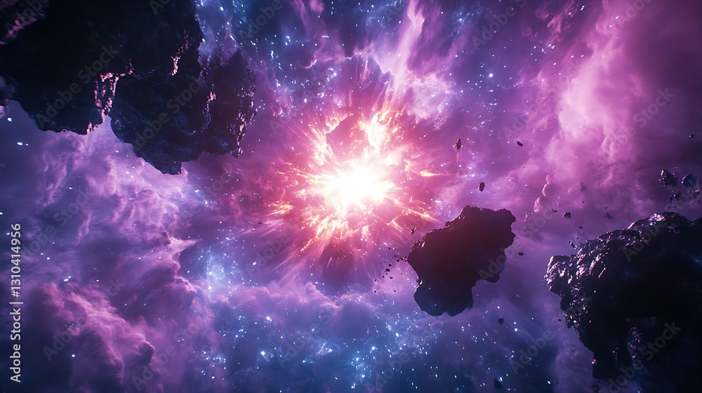 Poster stunning cosmic explosion with bright light and dark asteroids in space : generative ai