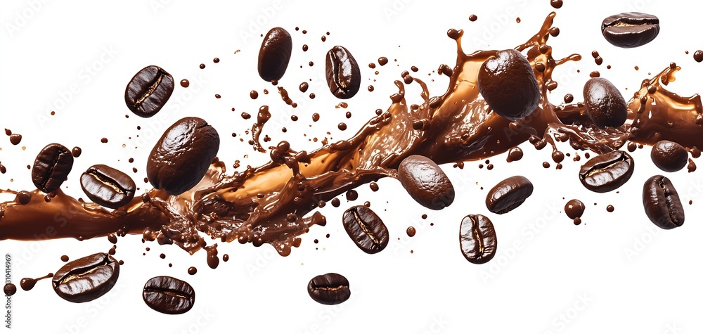 Poster Exciting visual of coffee beans and splashes of liquid creating captivating patterns and textures : Generative AI