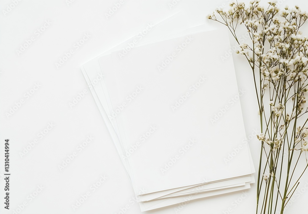 Poster elegant arrangement of blank papers with dried flowers on a calm white background for creative proje