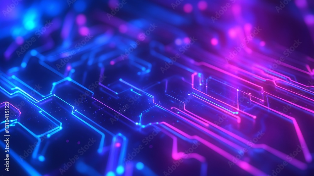 Poster futuristic circuit board design with glowing neon lines in blue and pink hues : generative ai
