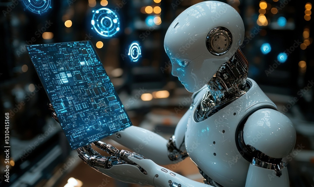 Poster futuristic robot analyzing digital data in a high-tech environment with soft lighting