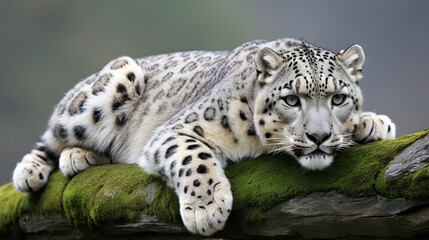 Obraz premium The snow leopard (Panthera uncia), also known as the ounce, is a felid in the genus Panthera native to the mountain ranges of Central and South Asia. It is listed as Vulnerable on the IUCN Red List.