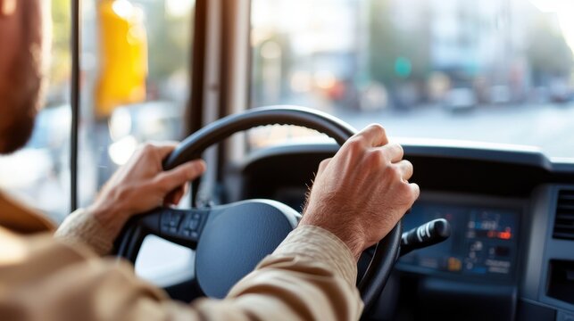 Driving a modern bus through the bustling city streets
