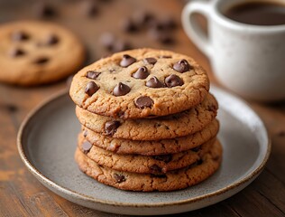 Deliciously Baked Chocolate Chip Cookies Stacked on a Plate with a Warm Cup of Coffee for a Cozy Treat : Generative AI