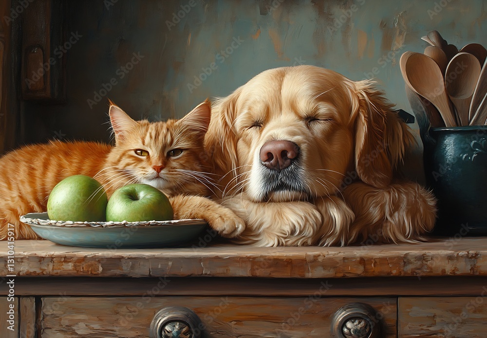 Poster Golden Retriever and Orange Cat Relaxing with Green Apples on a Rustic Table : Generative AI
