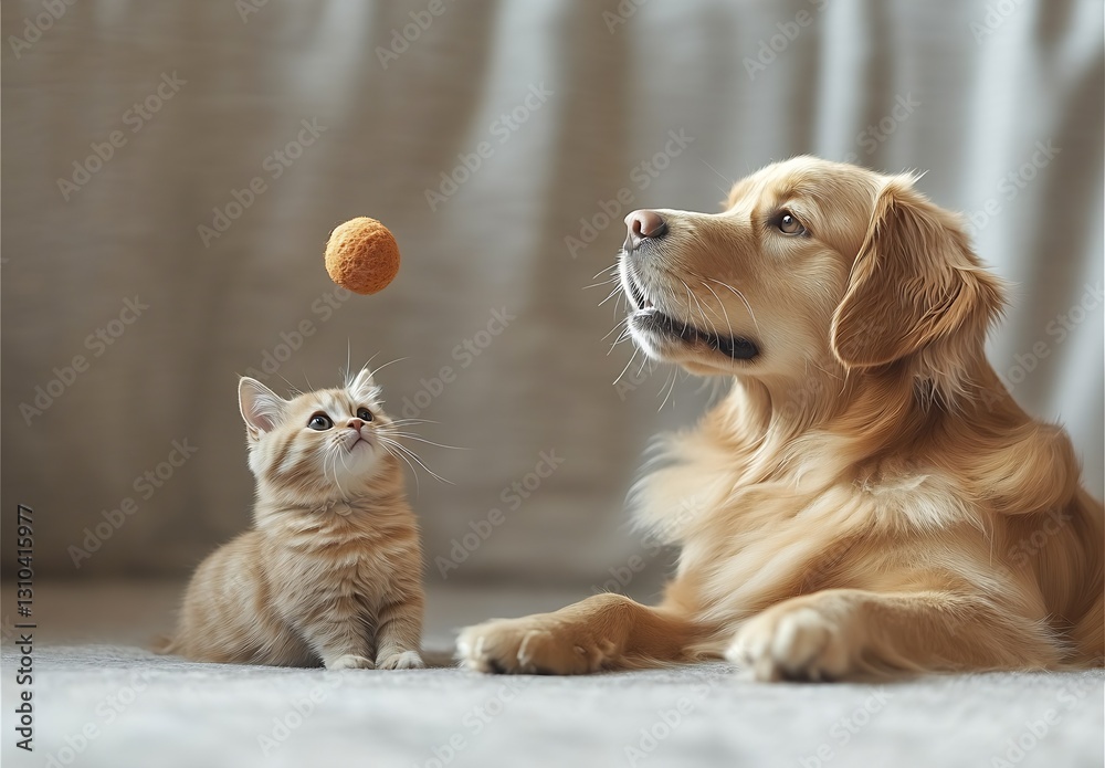 Poster golden retriever and playful kitten share a joyful moment with a bouncing ball indoors : generative 