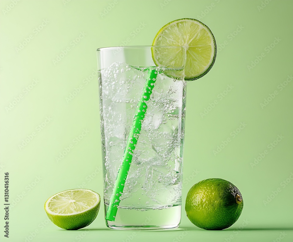 Leinwandbilder refreshing lime soda served in a tall glass with a straw garnished with a fresh lime slice : generat