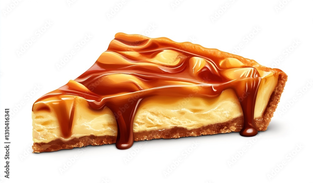 Poster rich and creamy caramel cheesecake slice drizzled with smooth caramel sauce on a white background : 