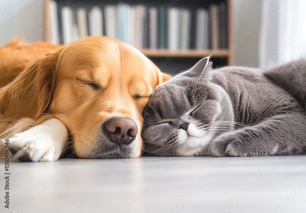 Poster Golden retriever and gray cat peacefully sleeping side by side on a bright floor : Generative AI