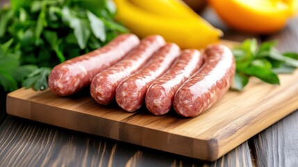 Homemade raw meat lula kebab sausages ready for grilling on wooden board