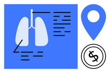 Anatomical lungs diagram with detailed annotations, location marker, and dollar symbol. Ideal for healthcare, diagnostics, research, finance, medical data, location services flat simple metaphor