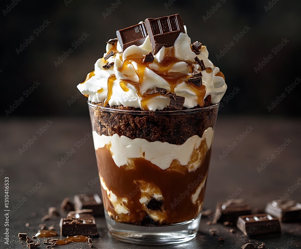 Poster rich chocolate dessert layered with cream brownie and topped with drizzled caramel and dark chocolat