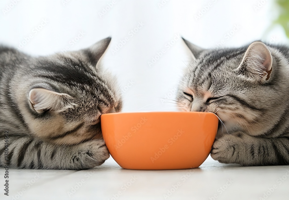 Poster two gray cats enjoying their meal with playful interaction at home : generative ai
