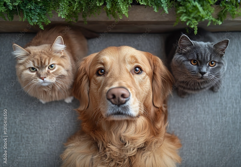 Poster golden retriever and two cats gazing into the camera in a cozy indoor setting : generative ai