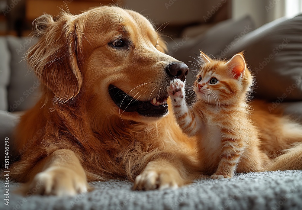 Poster adorable interaction between a golden retriever and an orange tabby kitten sharing a playful moment 