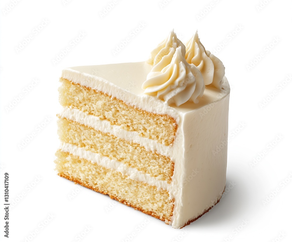 Aufkleber Fluffy slice of classic vanilla layer cake adorned with creamy frosting on a clean white background : Generative AI