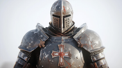 A Templar knight in battle armor with a cross on his chest, damaged metal plating