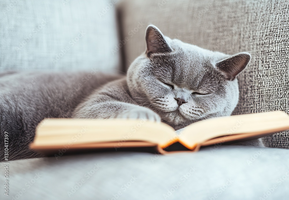 Poster Sleepy gray cat napping on a soft couch with an open book showcasing its cozy lifestyle : Generative AI