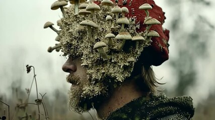 Unique portrait of a man with a natural crown of mushrooms and moss in a forest setting during the gloomy afternoon - Powered by Adobe