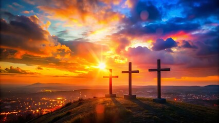 Dramatic Bokeh Sunset Over Golgotha Hill, Three Crosses Silhouette
