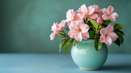 Fototapeta premium A pastel-colored ceramic planter with a cluster of pink gardenias on a gradient blue background.