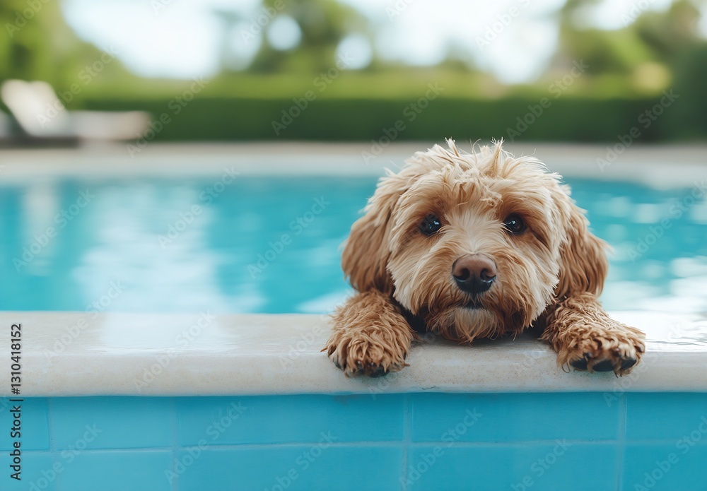 Poster cute fluffy dog relaxing by the poolside enjoying the sunny weather in a tranquil outdoor setting : 
