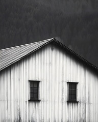 Obraz premium A lone, weathered barn stands silently, its rustic charm framed by a shroud of misty trees, evoking nostalgia and tranquility.