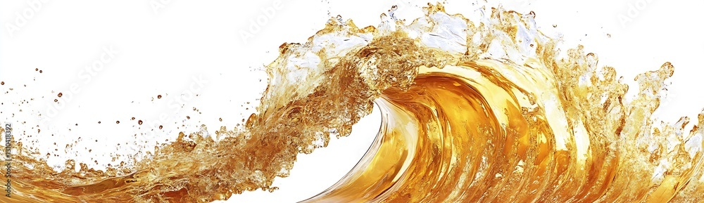 Aufkleber Dynamic and powerful wave of golden liquid splashing beautifully against a bright white backdrop : Generative AI