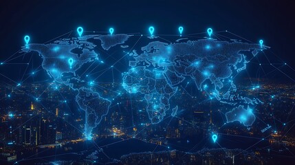 Fototapeta premium Futuristic digital world map illustration with glowing network connections highlighting global communication : Generative AI